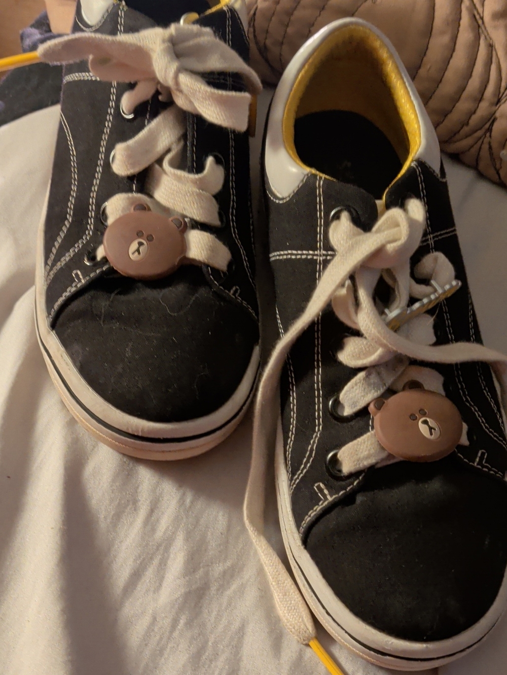 Skechers Black Canvas Kids Sneakers with Bear Charm and Cream Laces
